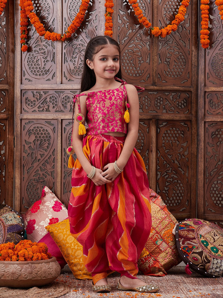 Pspeaches Girls Floral Printed Shoulder Straps Top With Dhoti Pants (DH-MAGENTABROCADE)