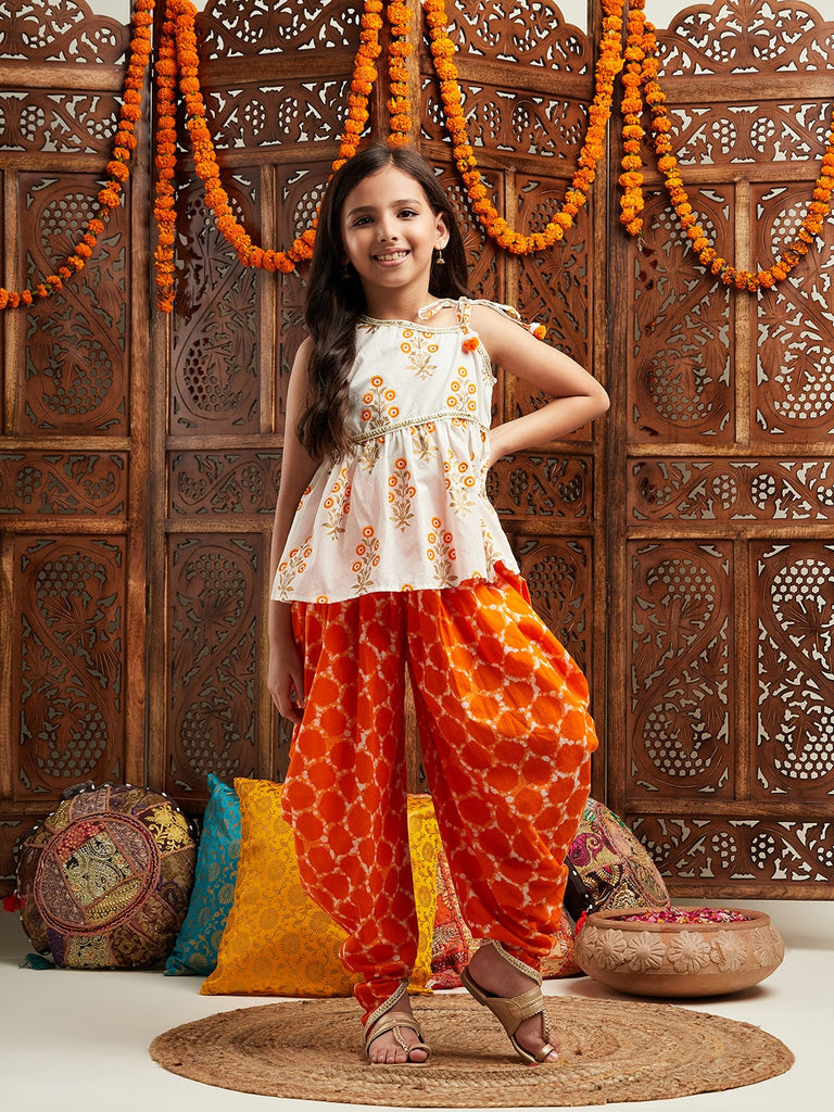 Pspeaches Girls Floral Printed Regular Gotta Patti Kurta With Dhoti Pants (DH-ORANGEBOOTA)