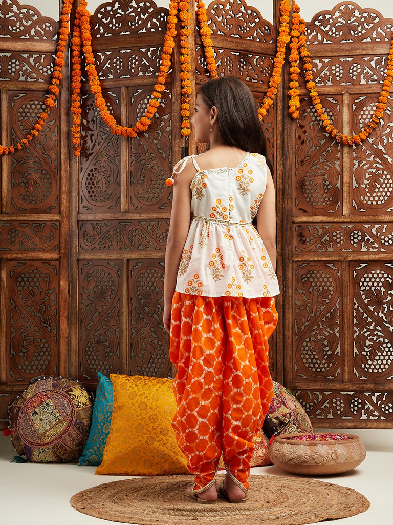 Pspeaches Girls Floral Printed Regular Gotta Patti Kurta With Dhoti Pants (DH-ORANGEBOOTA)