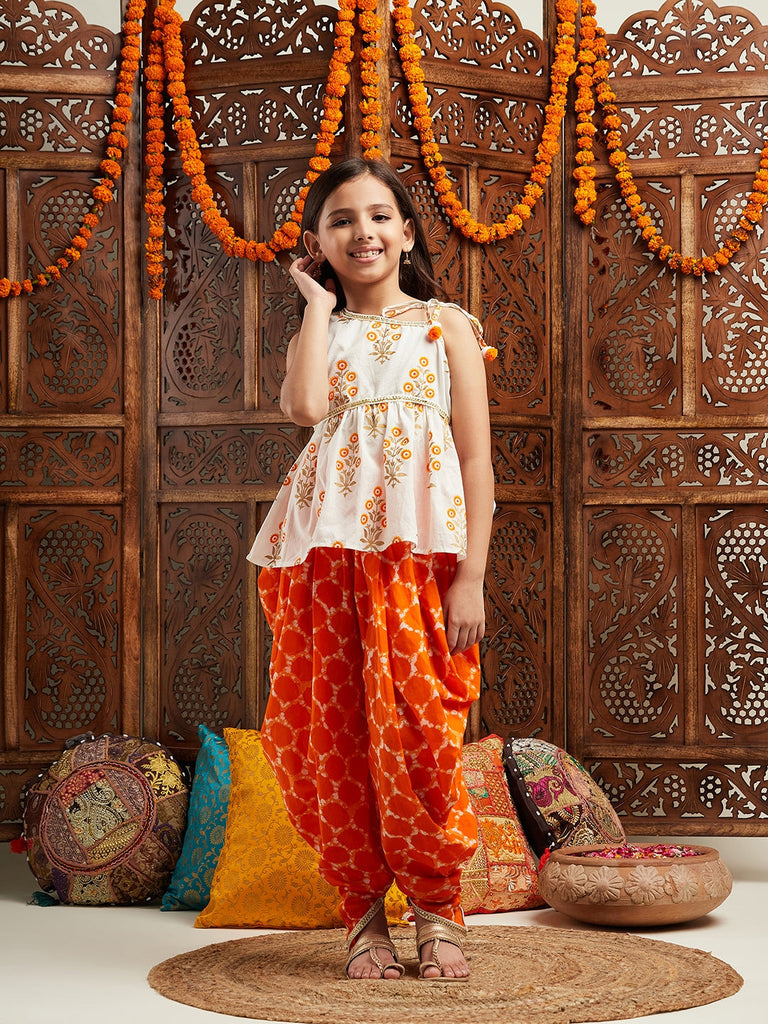 Pspeaches Girls Floral Printed Regular Gotta Patti Kurta With Dhoti Pants (DH-ORANGEBOOTA)