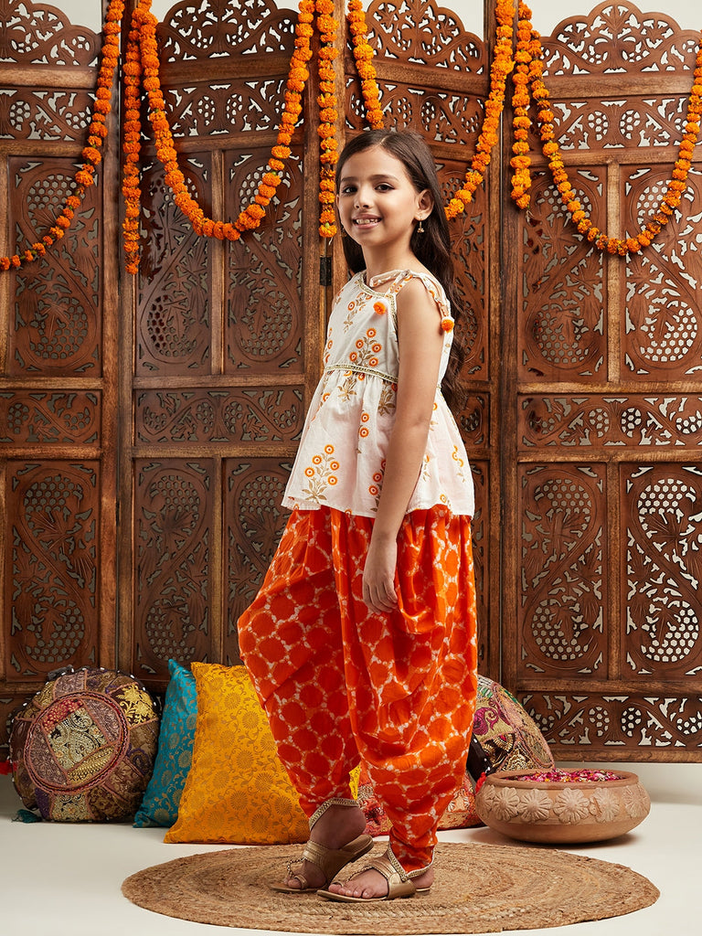 Pspeaches Girls Floral Printed Regular Gotta Patti Kurta With Dhoti Pants (DH-ORANGEBOOTA)