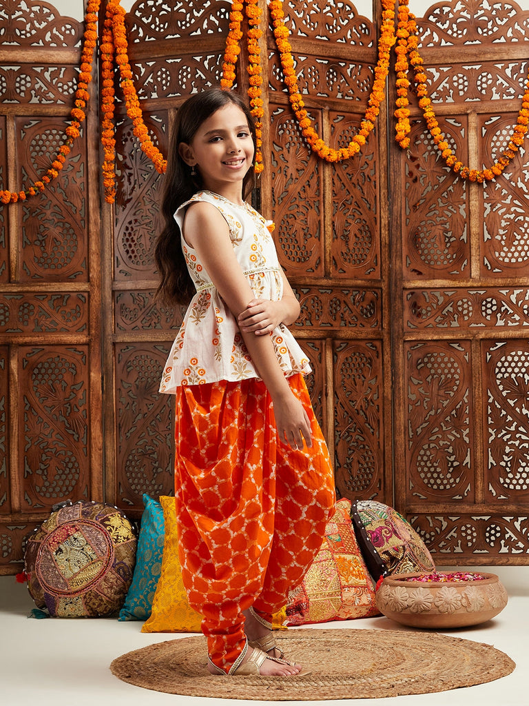 Pspeaches Girls Floral Printed Regular Gotta Patti Kurta With Dhoti Pants (DH-ORANGEBOOTA)