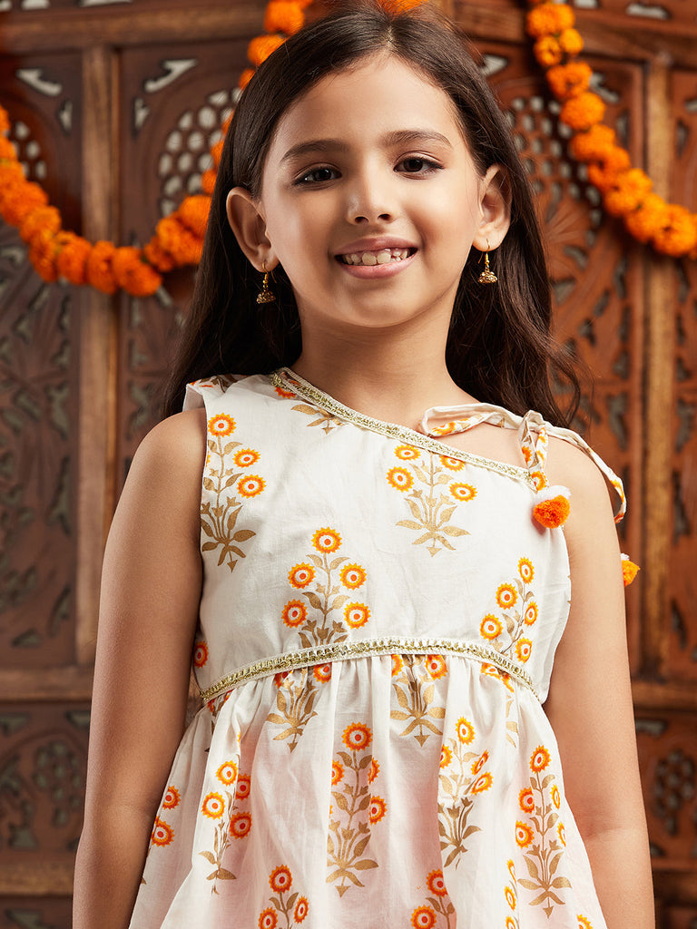 Pspeaches Girls Floral Printed Regular Gotta Patti Kurta With Dhoti Pants (DH-ORANGEBOOTA)