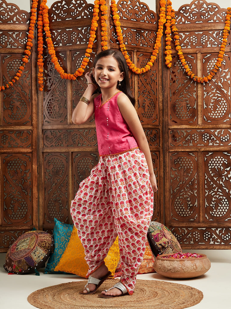 Pspeaches Girls Embroidered Regular Mirror Work Kurta With Dhoti Pants (DH-PINKPATRA)