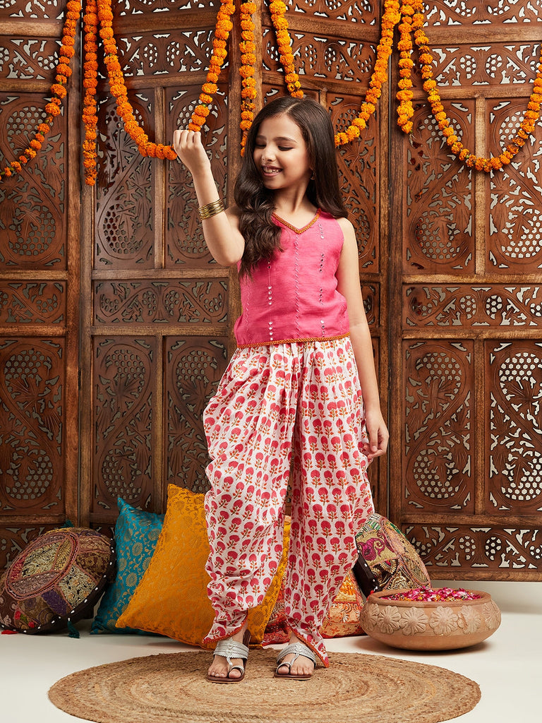 Pspeaches Girls Embroidered Regular Mirror Work Kurta With Dhoti Pants (DH-PINKPATRA)