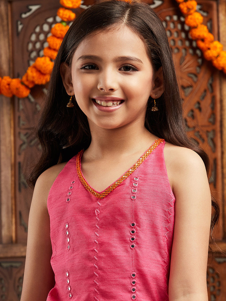 Pspeaches Girls Embroidered Regular Mirror Work Kurta With Dhoti Pants (DH-PINKPATRA)