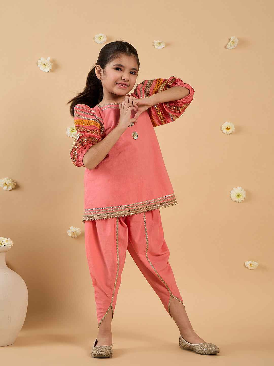 2-Piece Coral Embroidery Kurta And Dhoti Set (DH25013509)