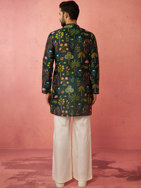 VASTRAMAY Floral Printed Band Collar Straight Kurta With Trousers