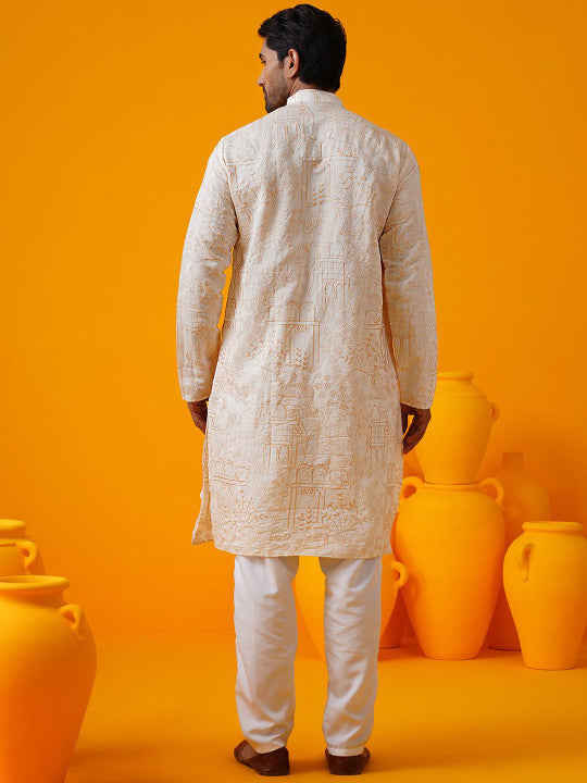 SOJANYA Men Floral Embroidered Regular Kantha Work Kurta with Pyjamas