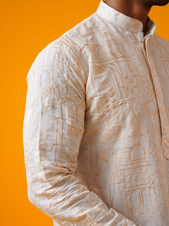 SOJANYA Men Floral Embroidered Regular Kantha Work Kurta with Pyjamas