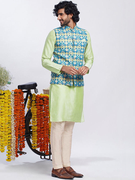 KISAH Men Printed Kurta Nehru Jacket Trouser Set