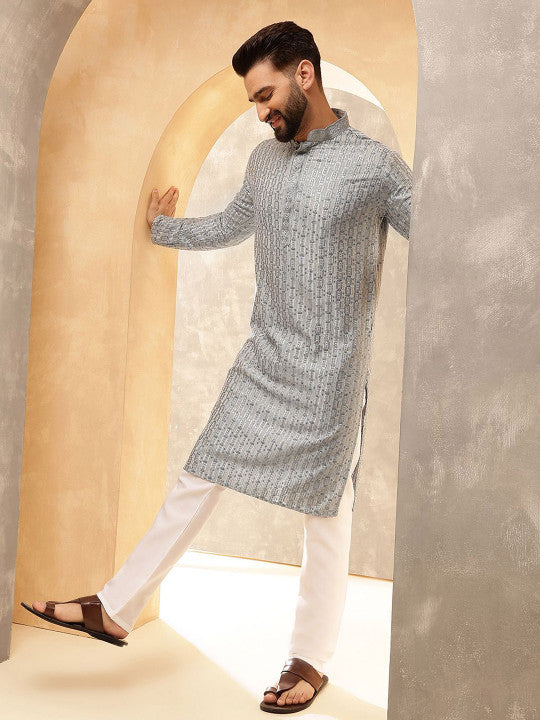 SOJANYA Ethnic Motifs Embroidered Mandarin Collar Sequinned Straight Kurta With Pyjamas