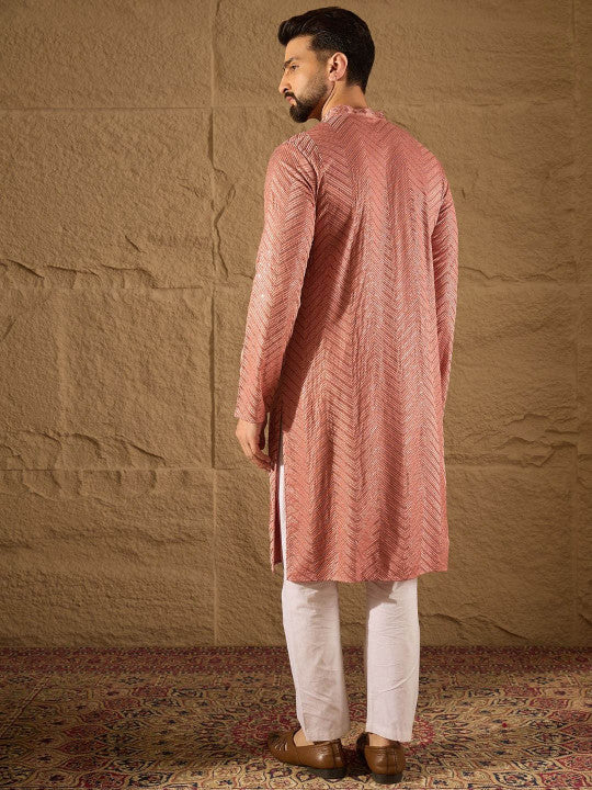 House of Pataudi Chevron Embroidered Mandarin Collar Straight Kurta With Trousers