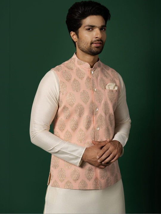 KISAH Men Printed Kurta Nehru Jacket Churidar Set