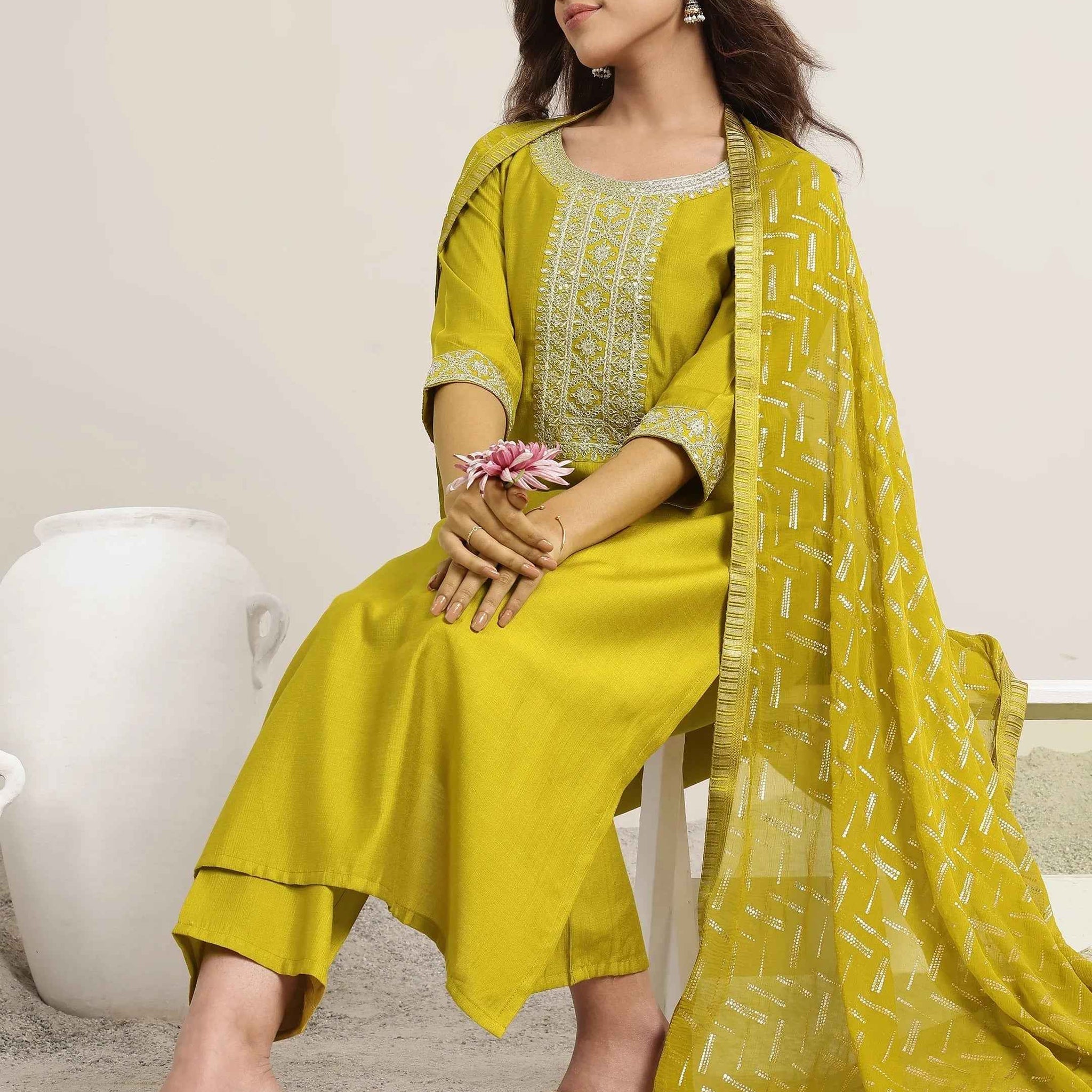 Green Yoke Design Silk Blend Straight Suit Set With Dupatta