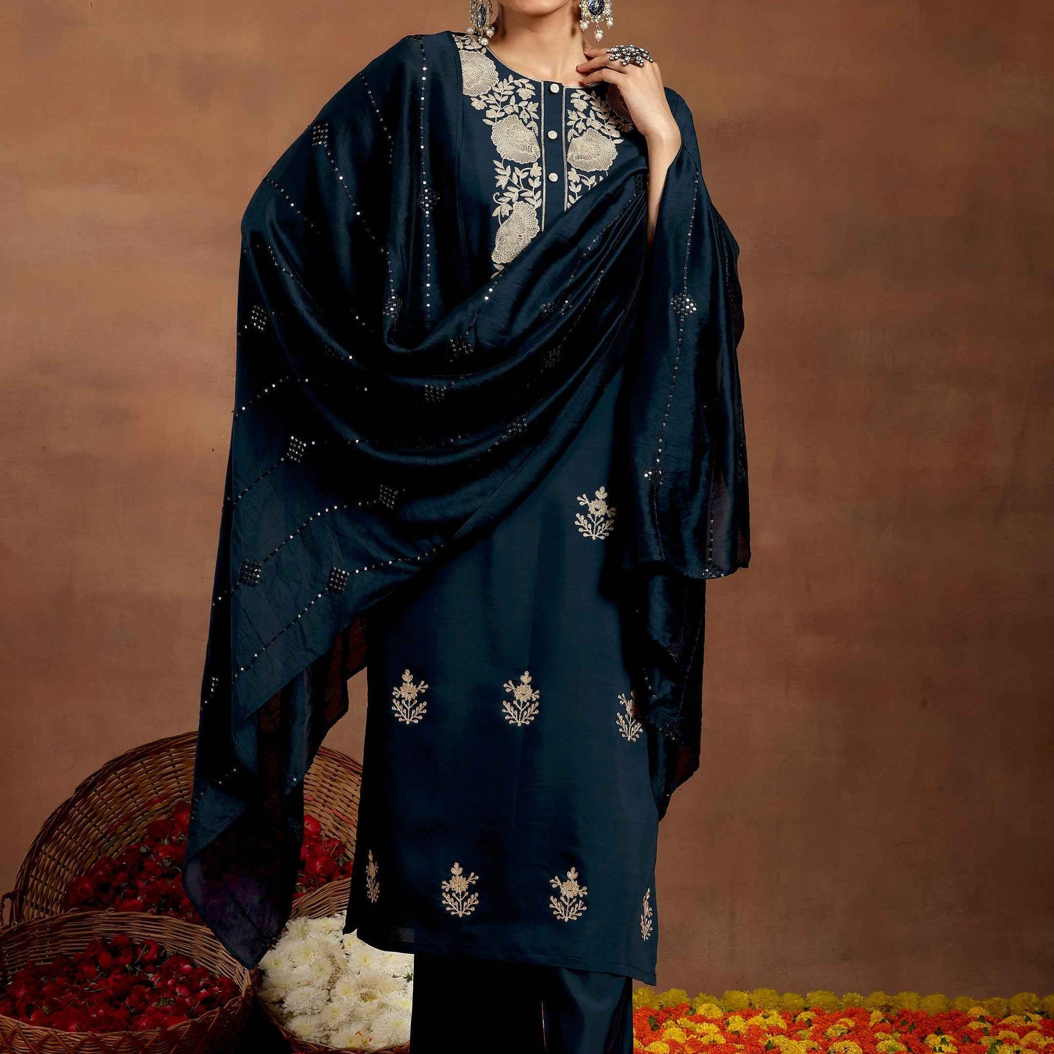 Blue Yoke Design Silk Blend Straight Suit With Dupatta