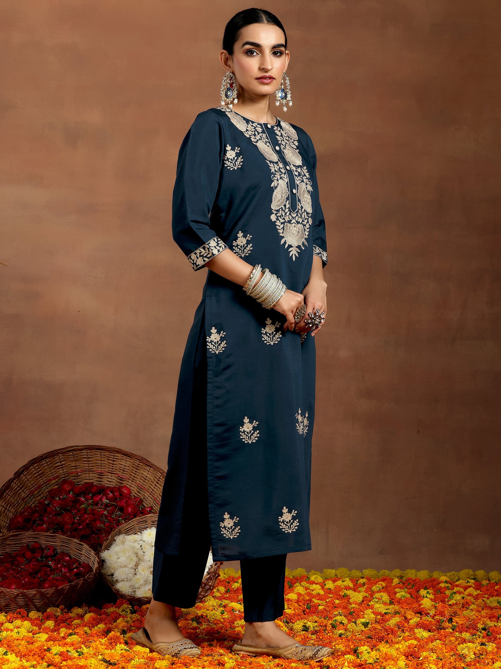 Blue Yoke Design Silk Blend Straight Suit With Dupatta
