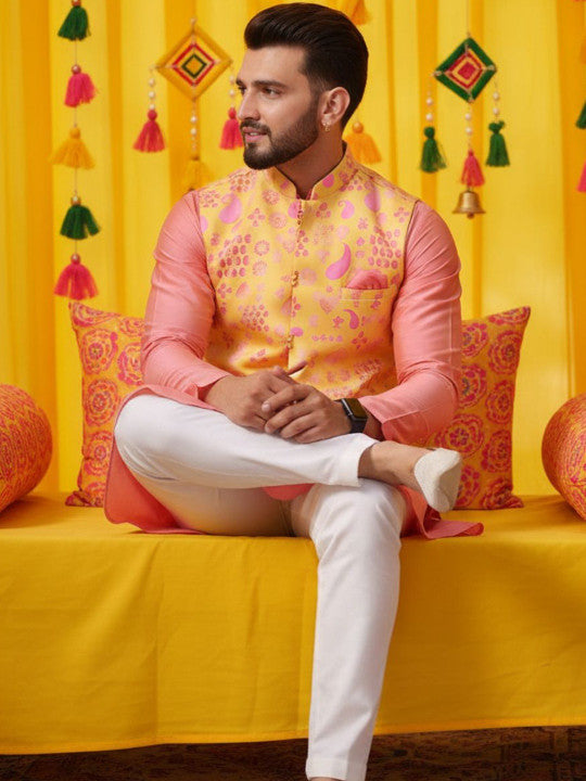 KISAH Men Printed Kurta Nehru Jacket Trouser Set