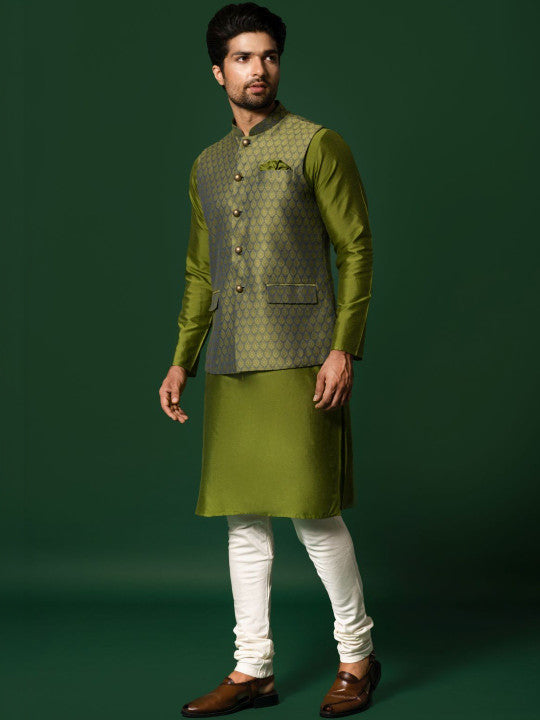 KISAH Men Geometric Kurta Nehru Jacket Churidar Set