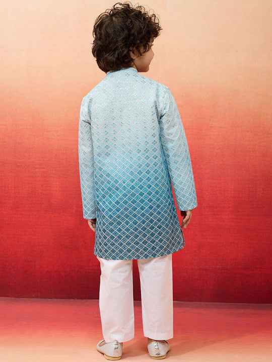 Boys Sequinned Embroidered Ombre Kurta With Pyjamas