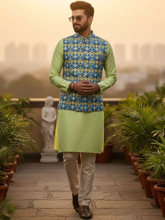 KISAH Men Printed Kurta Nehru Jacket Trouser Set