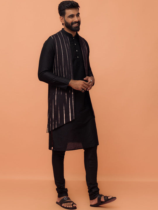 KISAH Mandarin Collar Straight Kurta with Churidar & Printed Jacket