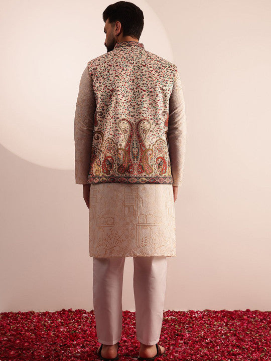 SOJANYA Floral Embroidered Cotton Silk Straight Kurta With Pyjama & Nehru Jacket