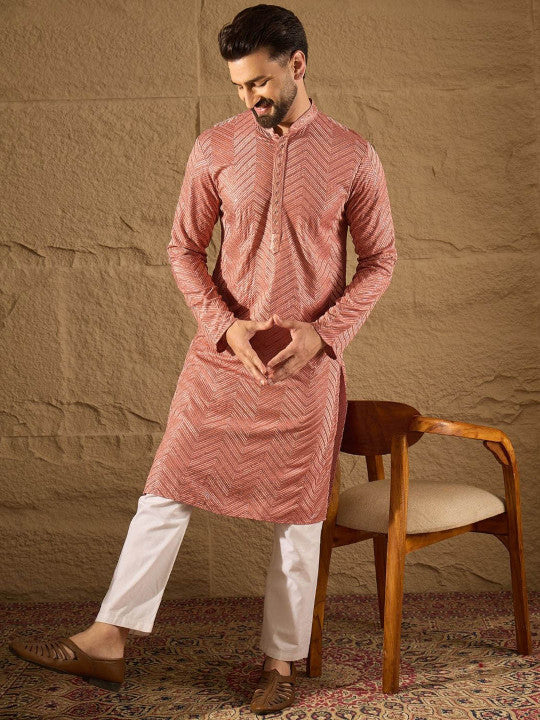 House of Pataudi Chevron Embroidered Mandarin Collar Straight Kurta With Trousers