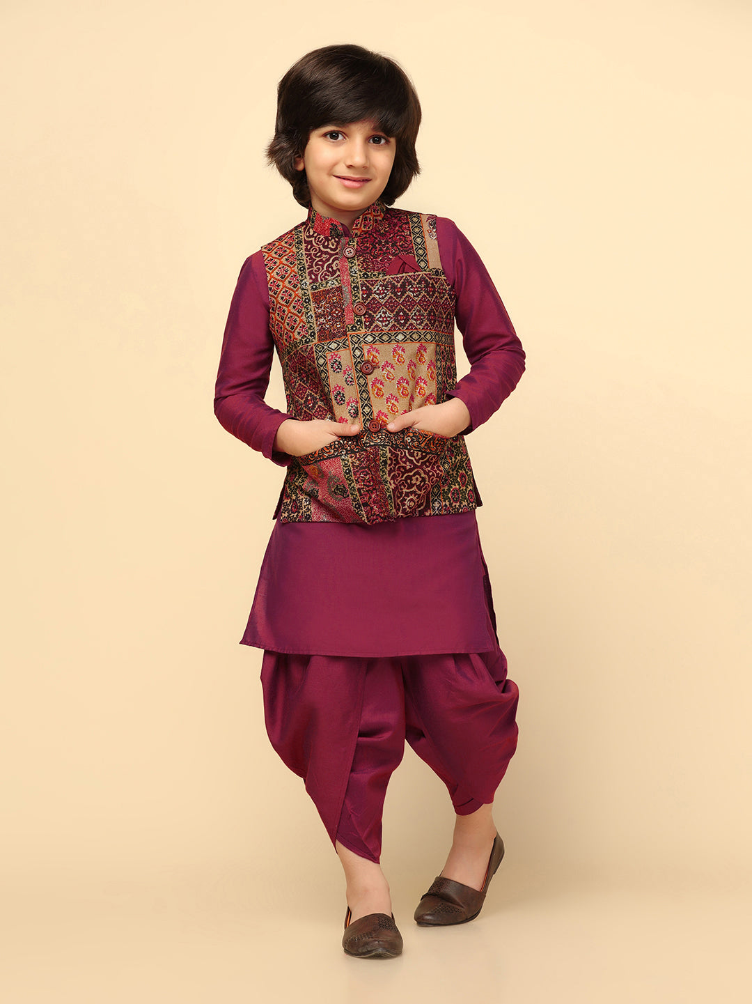 Boys Multi-Color Kurta Jacket Dhoti Sets