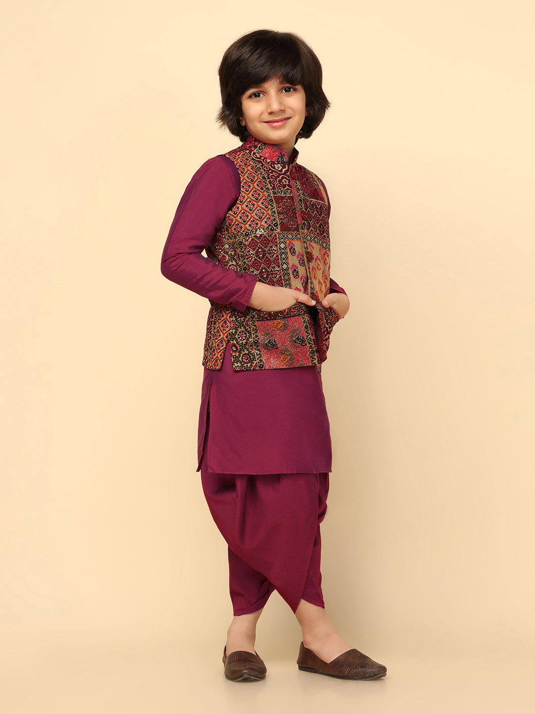 Boys Multi-Color Kurta Jacket Dhoti Sets