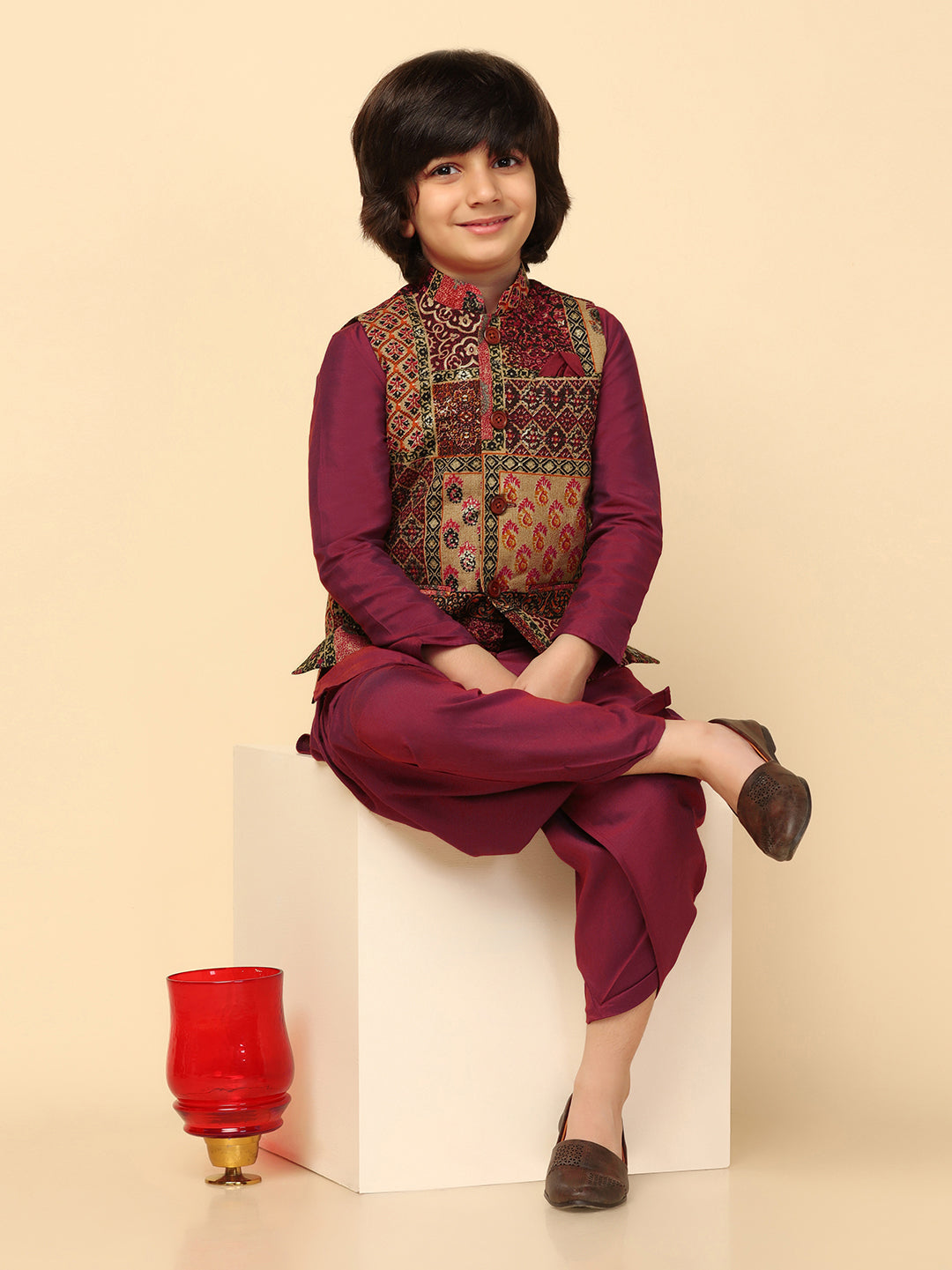 Boys Multi-Color Kurta Jacket Dhoti Sets