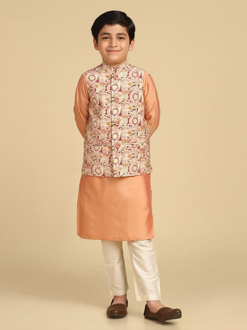 Boy's Multi Kantha Print Kurta Nehru Jacket Pyjama Set