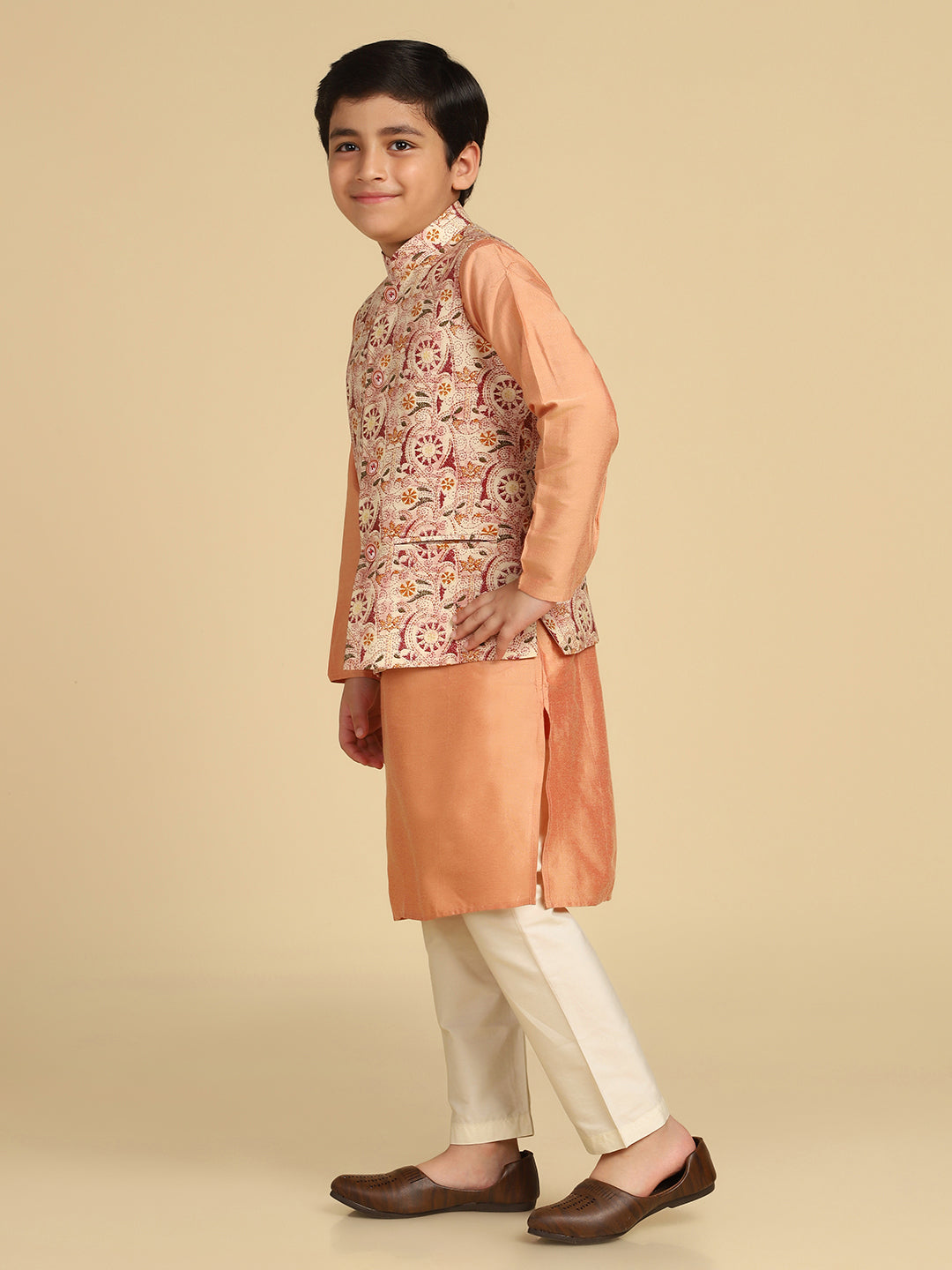 Boy's Multi Kantha Print Kurta Nehru Jacket Pyjama Set