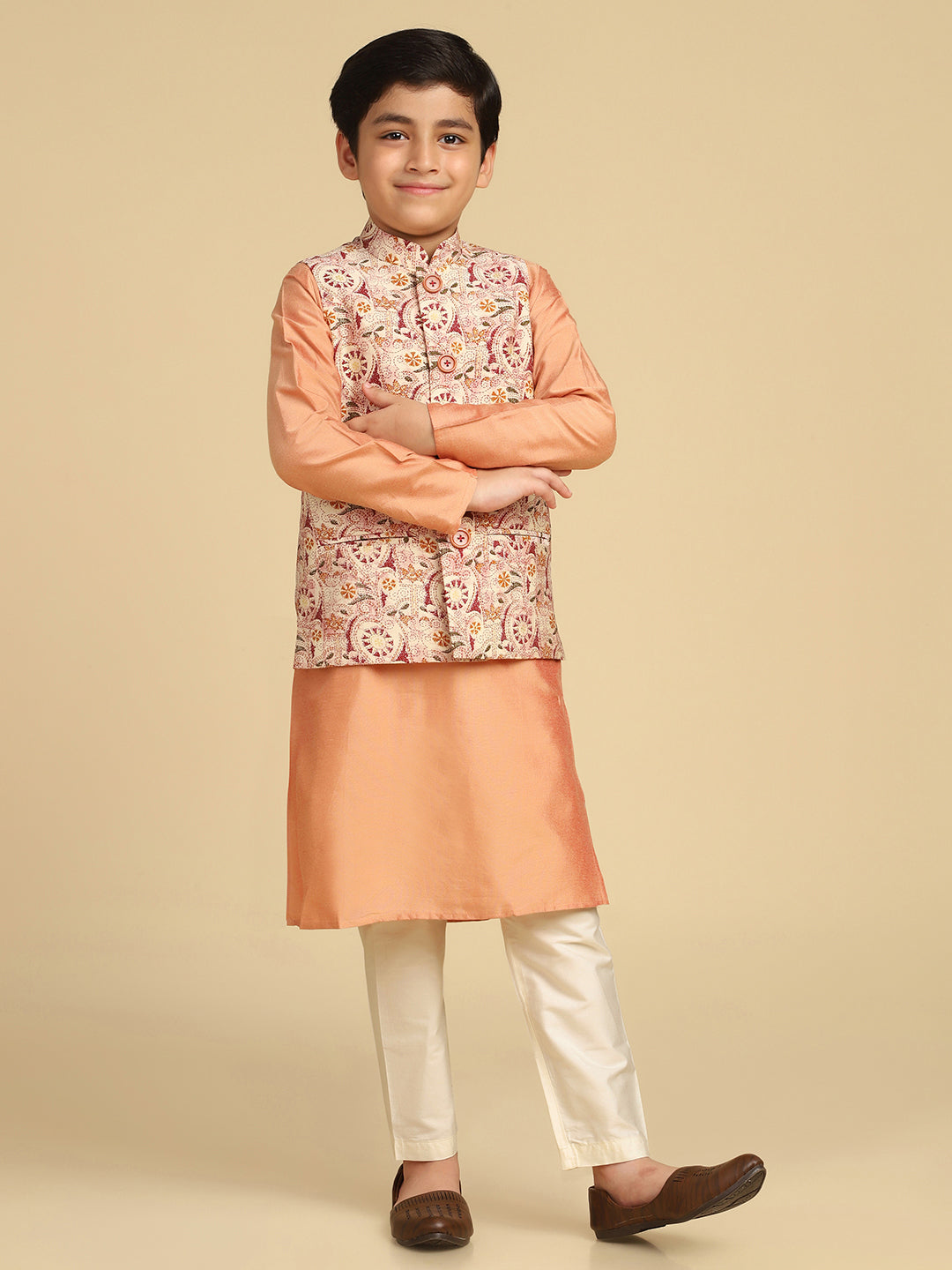 Boy's Multi Kantha Print Kurta Nehru Jacket Pyjama Set