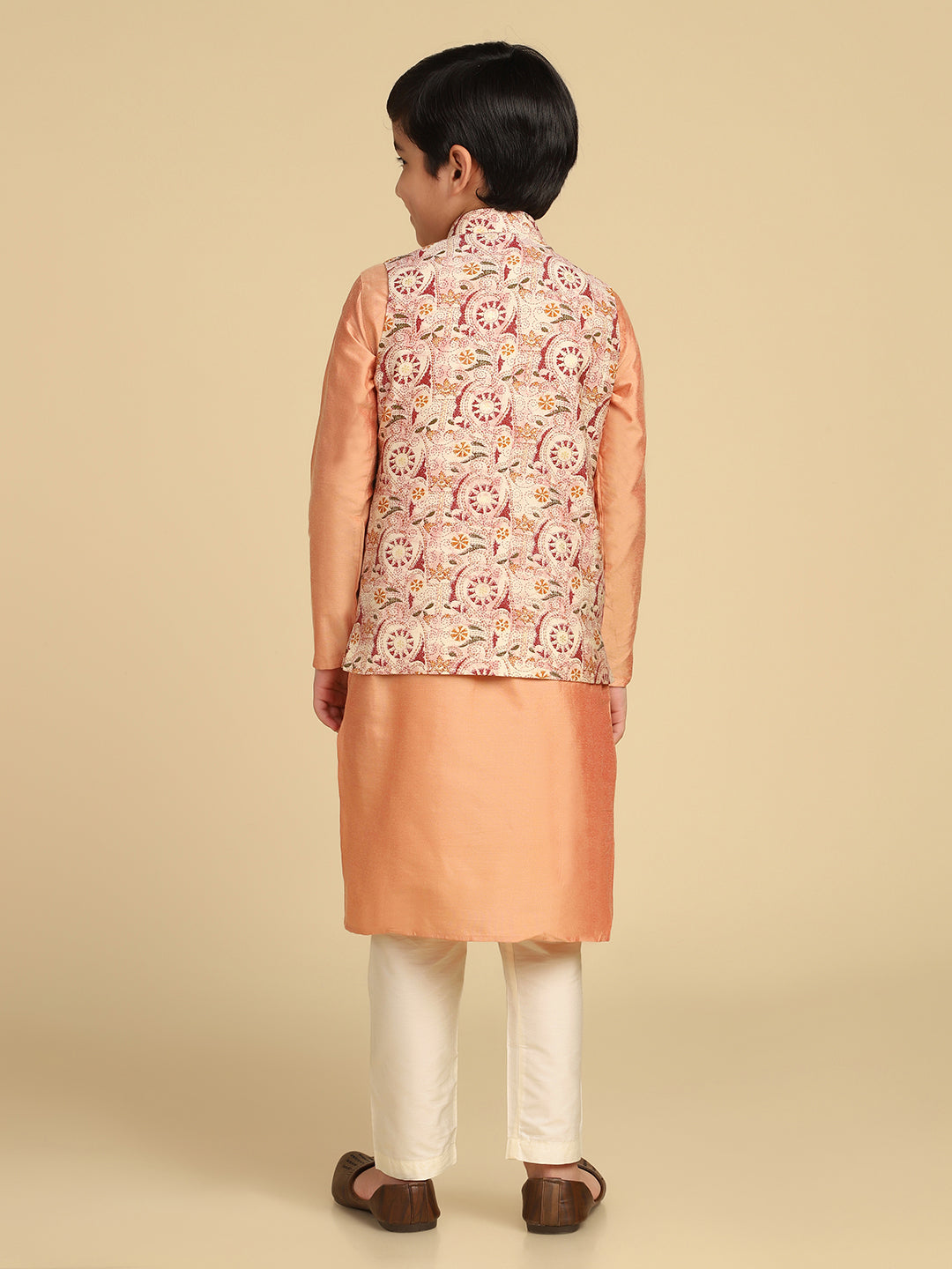 Boy's Multi Kantha Print Kurta Nehru Jacket Pyjama Set