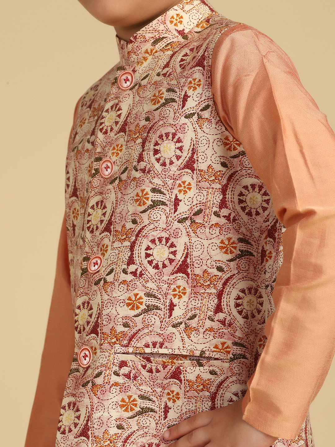 Boy's Multi Kantha Print Kurta Nehru Jacket Pyjama Set