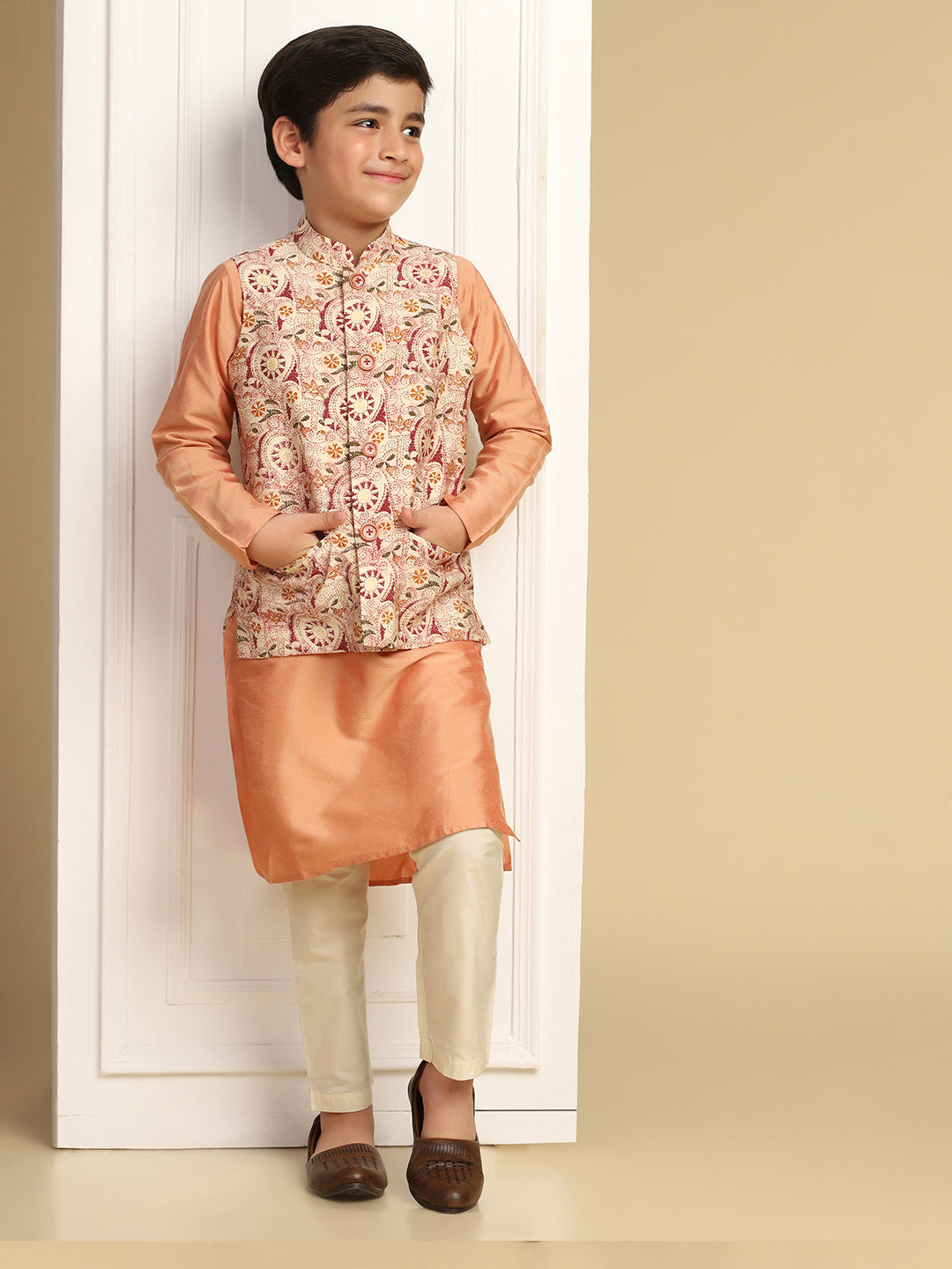 Boy's Multi Kantha Print Kurta Nehru Jacket Pyjama Set