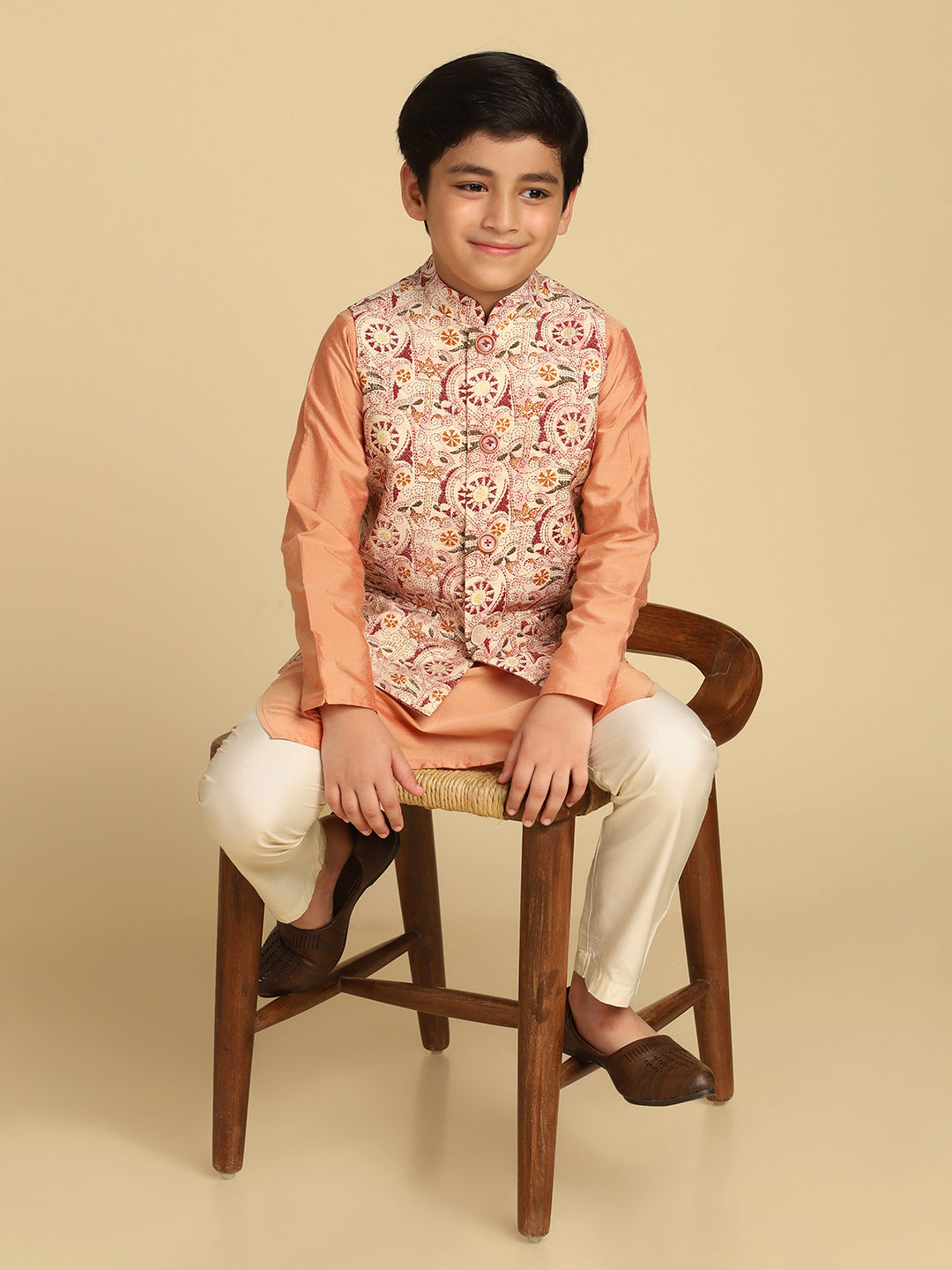 Boy's Multi Kantha Print Kurta Nehru Jacket Pyjama Set