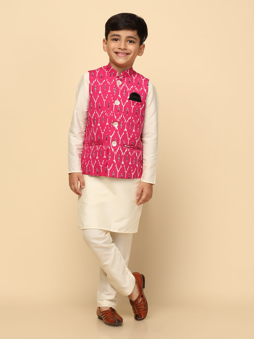 Boys Pink Kurta Jacket Pyjama Sets