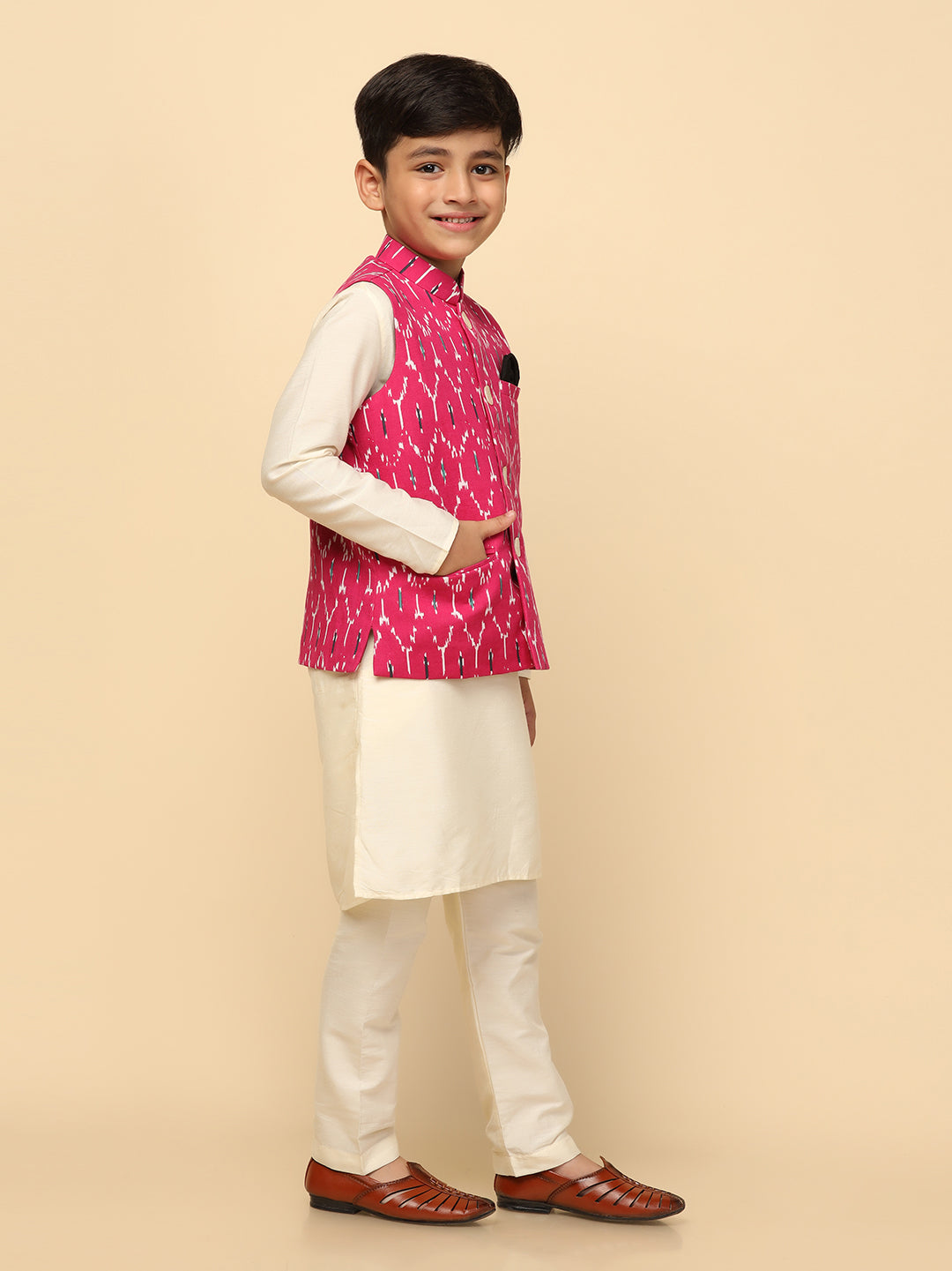 Boys Pink Kurta Jacket Pyjama Sets