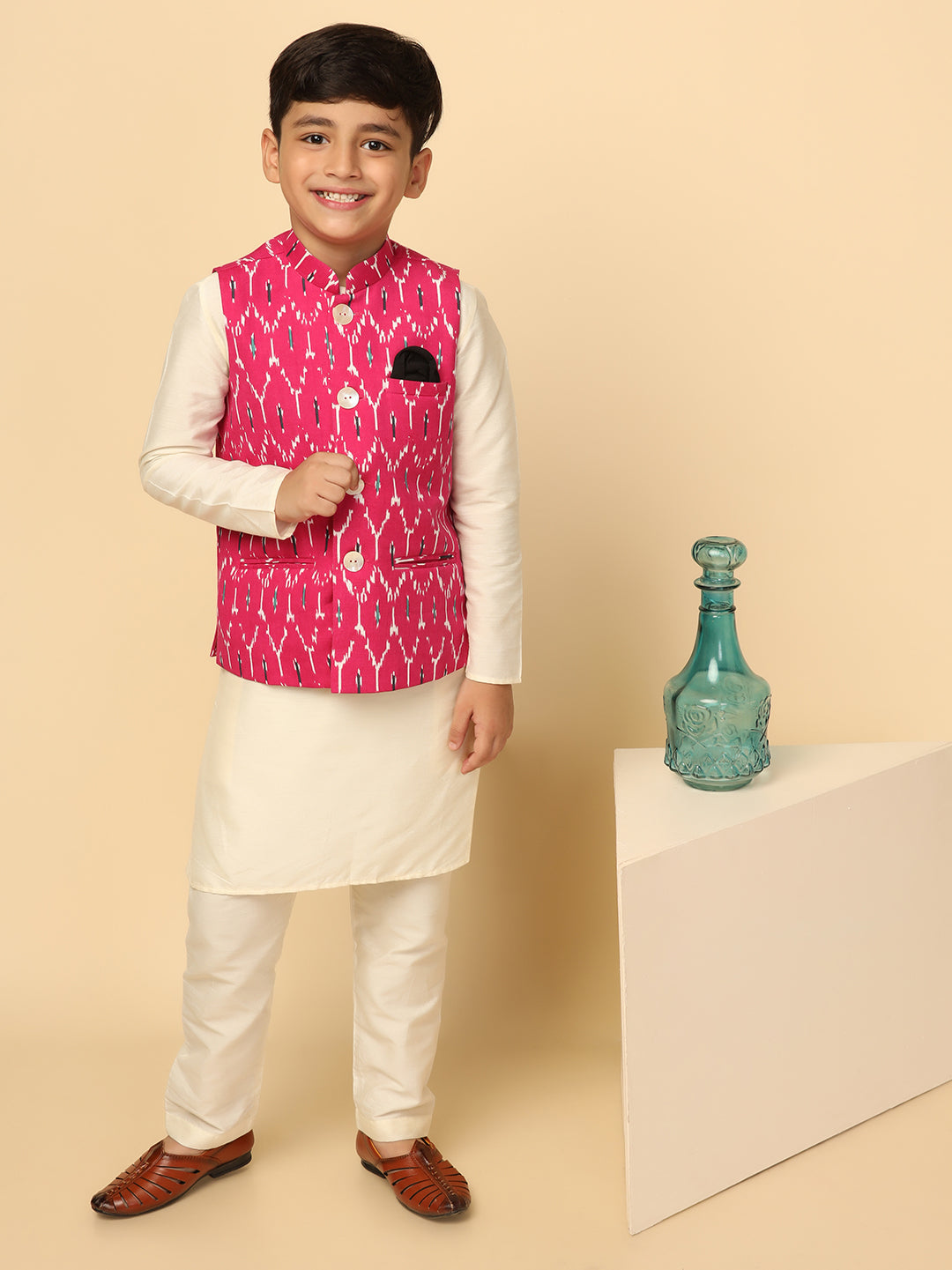 Boys Pink Kurta Jacket Pyjama Sets