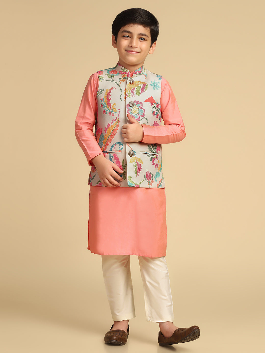 Boy's Multi Printed Bandhani Kurta Nehru Jacket Pyjama Set