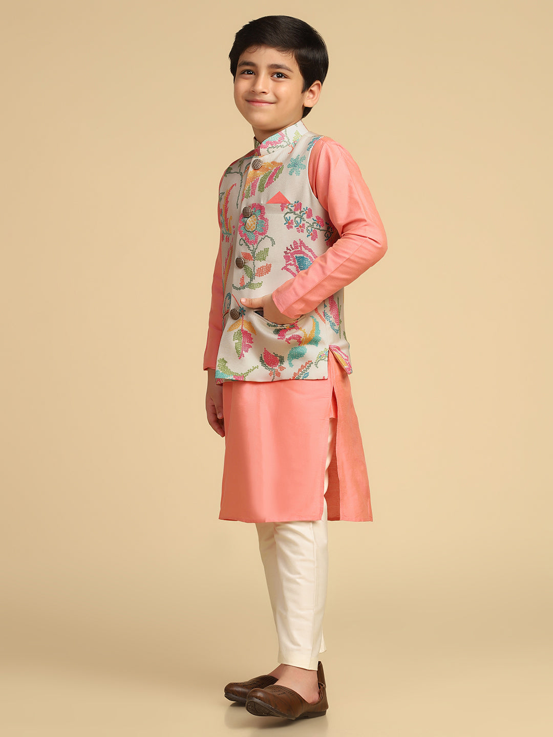 Boy's Multi Printed Bandhani Kurta Nehru Jacket Pyjama Set