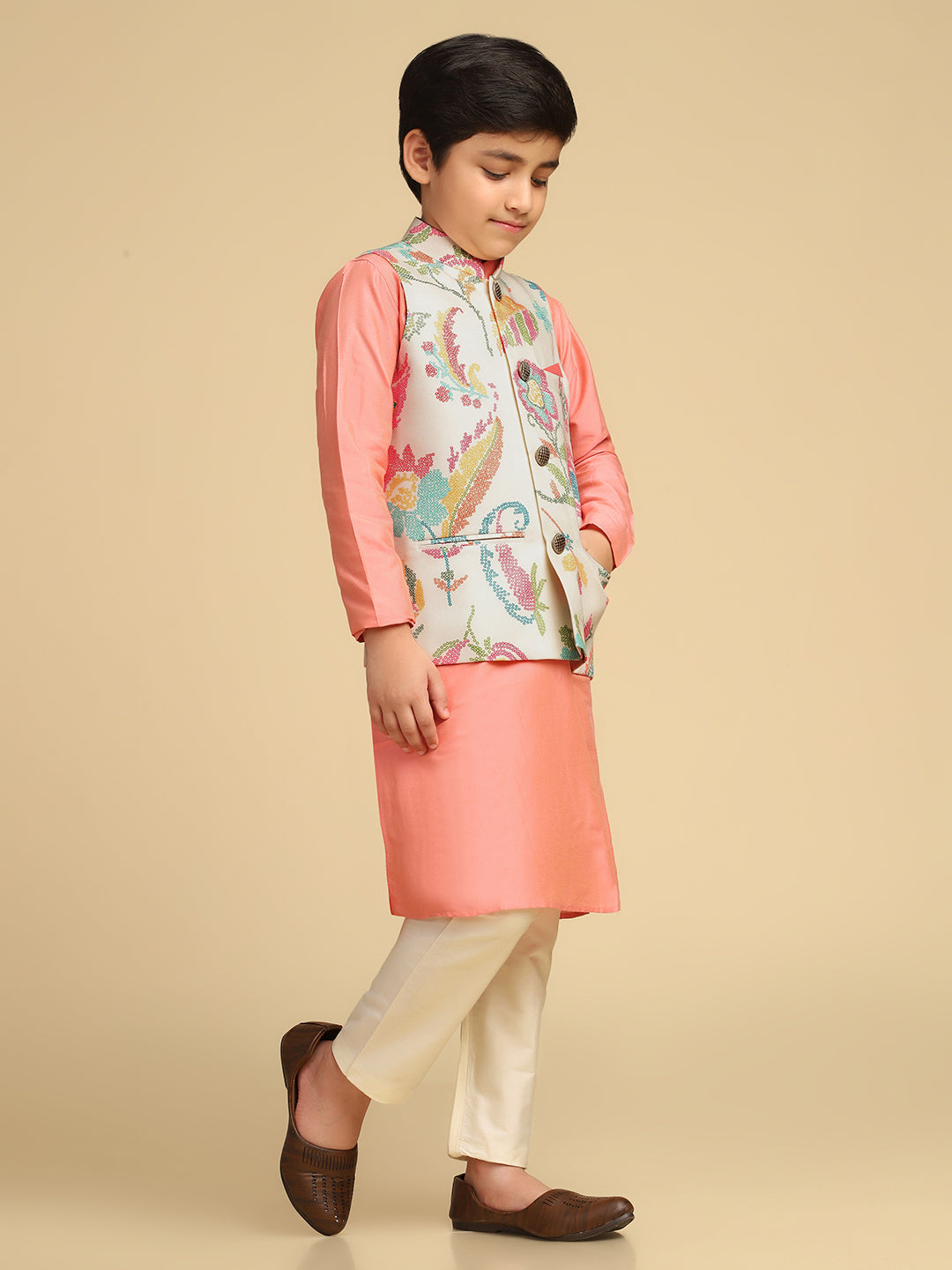Boy's Multi Printed Bandhani Kurta Nehru Jacket Pyjama Set