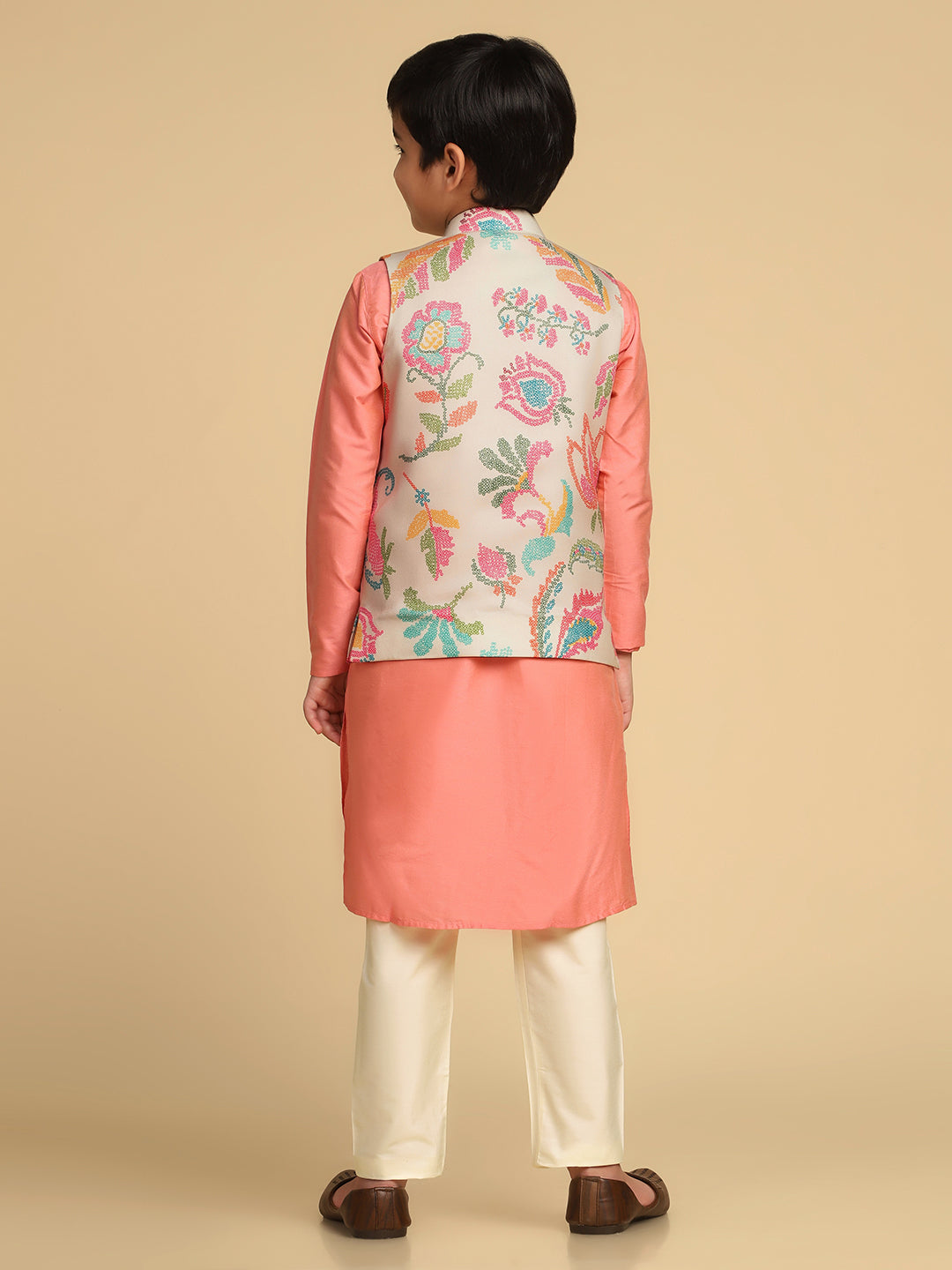 Boy's Multi Printed Bandhani Kurta Nehru Jacket Pyjama Set