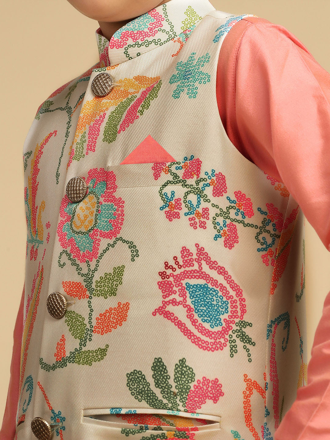 Boy's Multi Printed Bandhani Kurta Nehru Jacket Pyjama Set