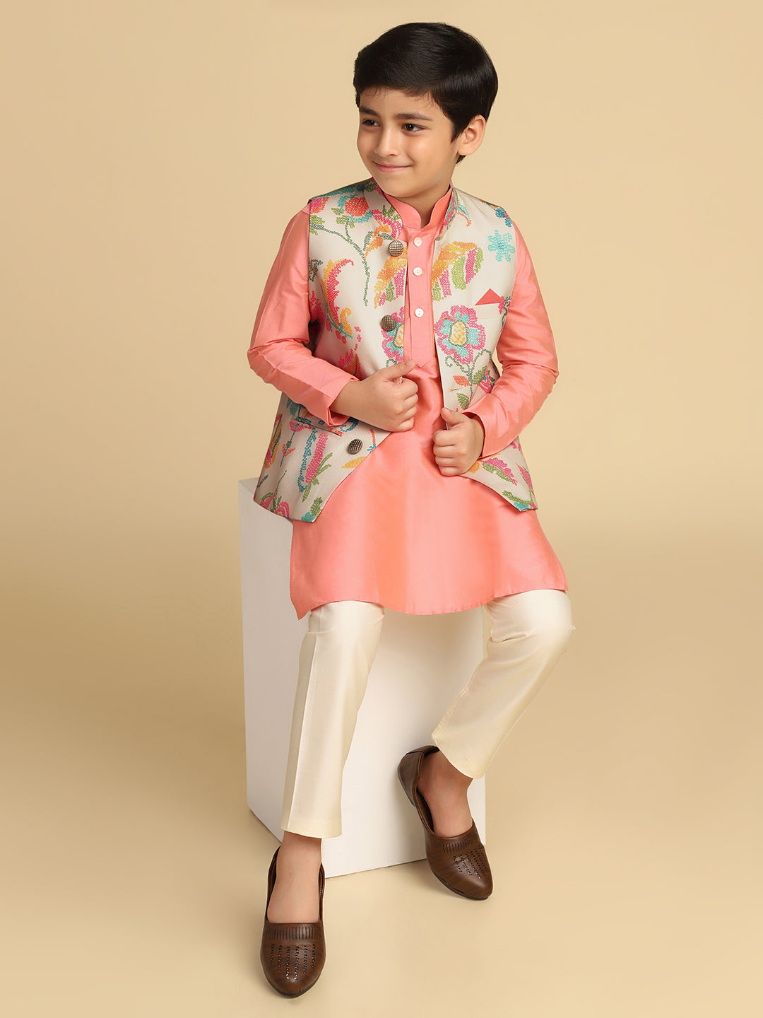 Boy's Multi Printed Bandhani Kurta Nehru Jacket Pyjama Set