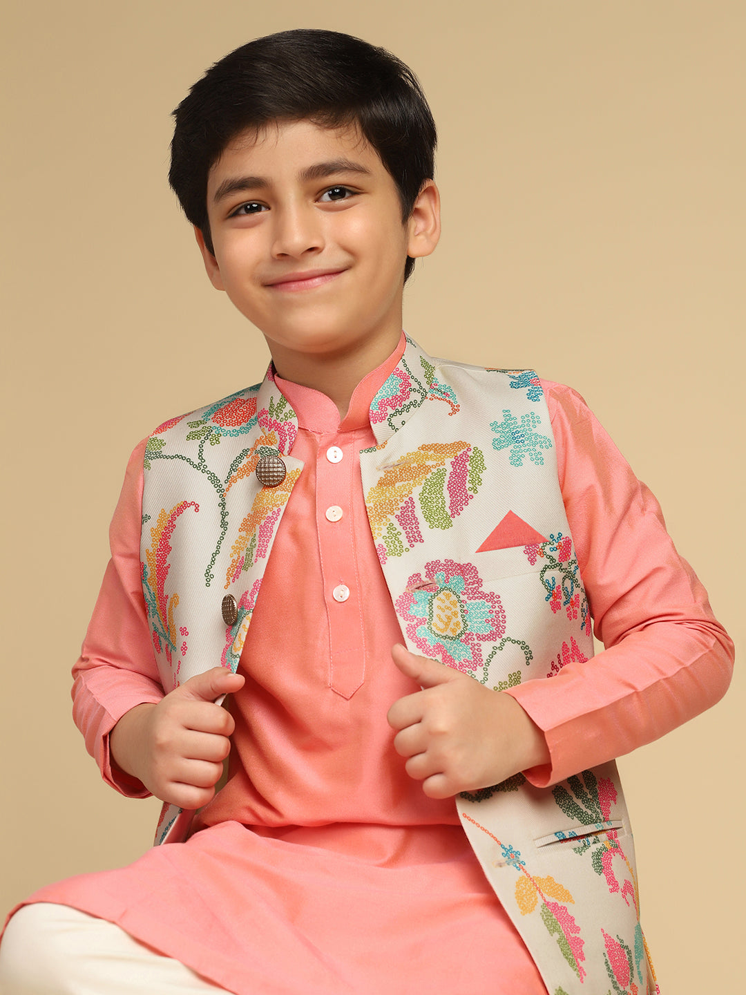 Boy's Multi Printed Bandhani Kurta Nehru Jacket Pyjama Set