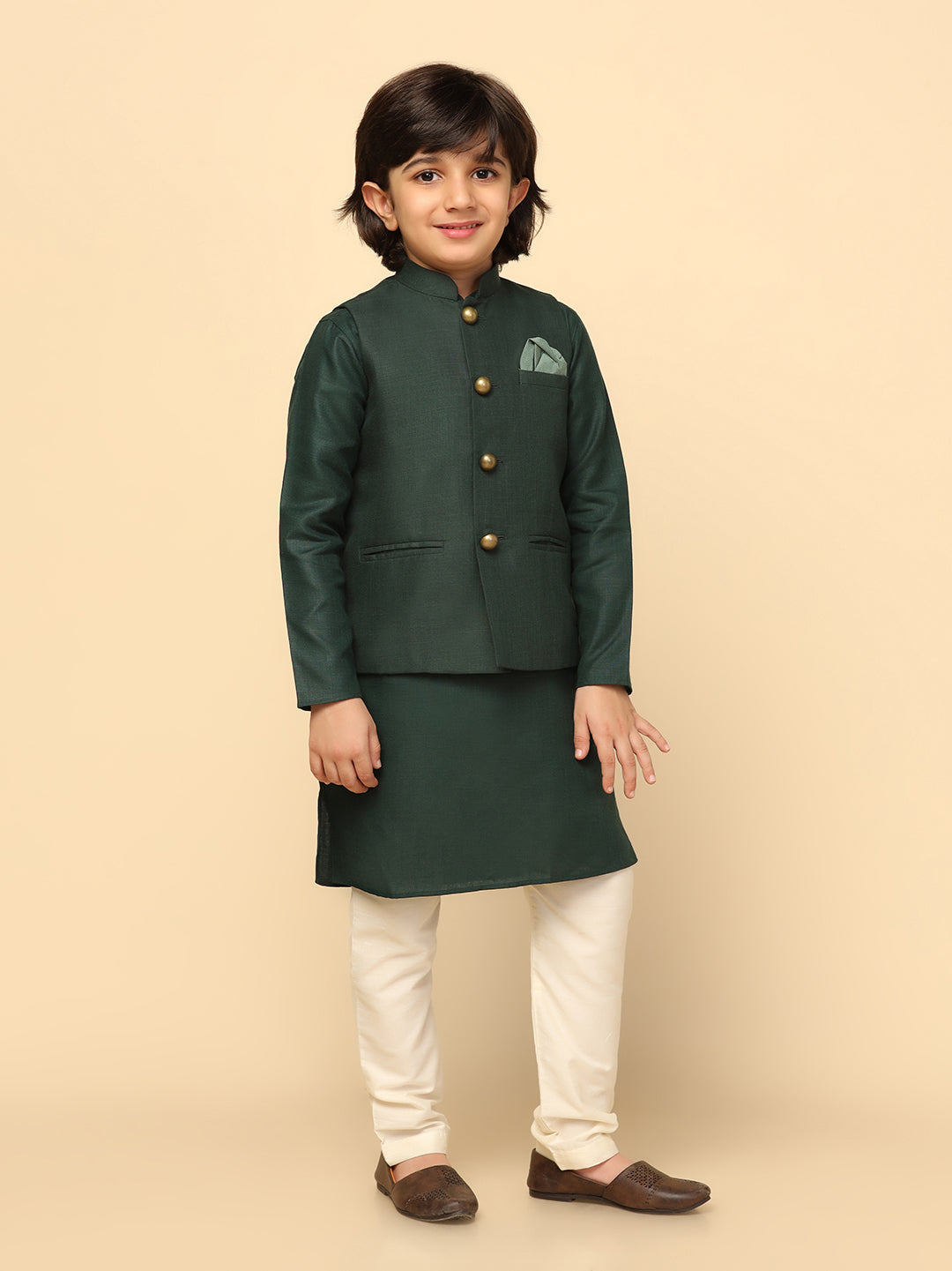 Boy's Green Solid Kurta Jacket Churidar Set