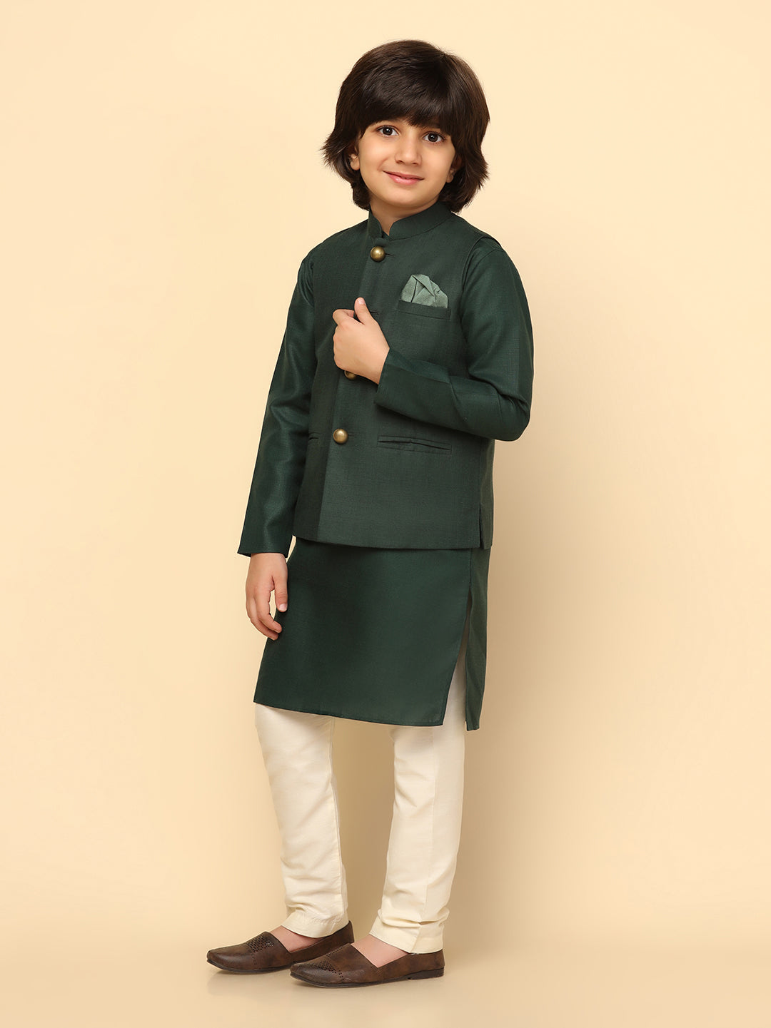 Boy's Green Solid Kurta Jacket Churidar Set